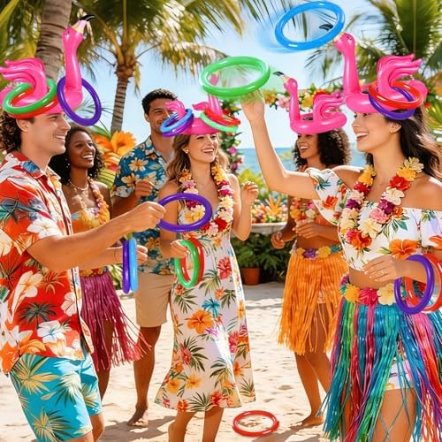Camlinbo 15 Pcs Inflatable Flamingo Pool Toys Ring Toss Pool Game