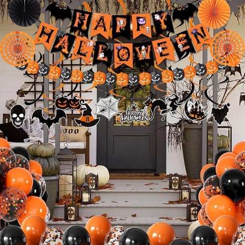 Happy Halloween Trick or Treat Banner Paper Fan Balloons & Swirl Streamers Goul Bat Cat Bird Ghost Pumpkin Lantern for Party Decorations