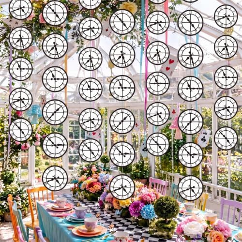 Xinnun 8 Pcs Wonderland Tea Party Decorations Fairy Curious Clock Garlands