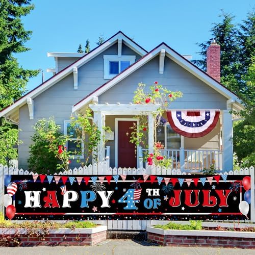 Tiamon 3 Pcs Patriotic Decorations 4th of July Banner with Bunting Fan Flags Red White and Blue Pleated Half Fan Banner American Flag Backdrop for Independence Memorial Day Party Supplies Outdoor
