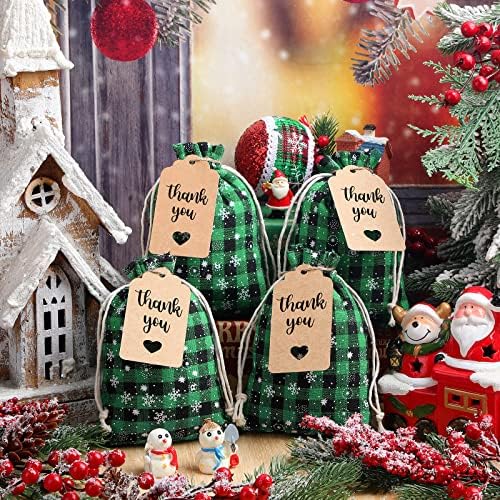 Shappy 24 Pcs Christmas Drawstring Gift Bags Xmas Buffalo Plaid Burlap Advent Bags 5.5 x 4 Inches Linen Treat Candy Bag with 32.8 ft Rope 24 Card(Black Green)