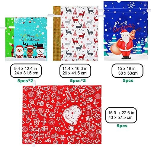 HRX Package Holiday Drawstring Gift Bags, 30pcs Christmas Foil Gift Wrapping Sacks Pouches for Xmas Presents Party Favor (Large Medium Small)