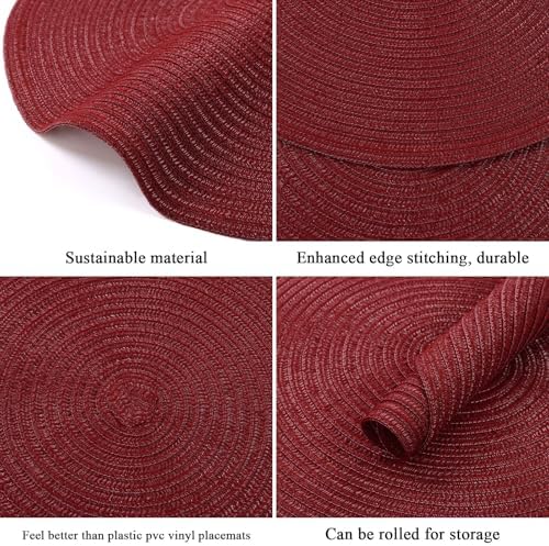 SHACOS Round Placemats Set of 8 for Dining Table 15 inch Round Braided Place Mats Cotton Polyester Washable Non Slip Kitchen Table Mats, Burgundy