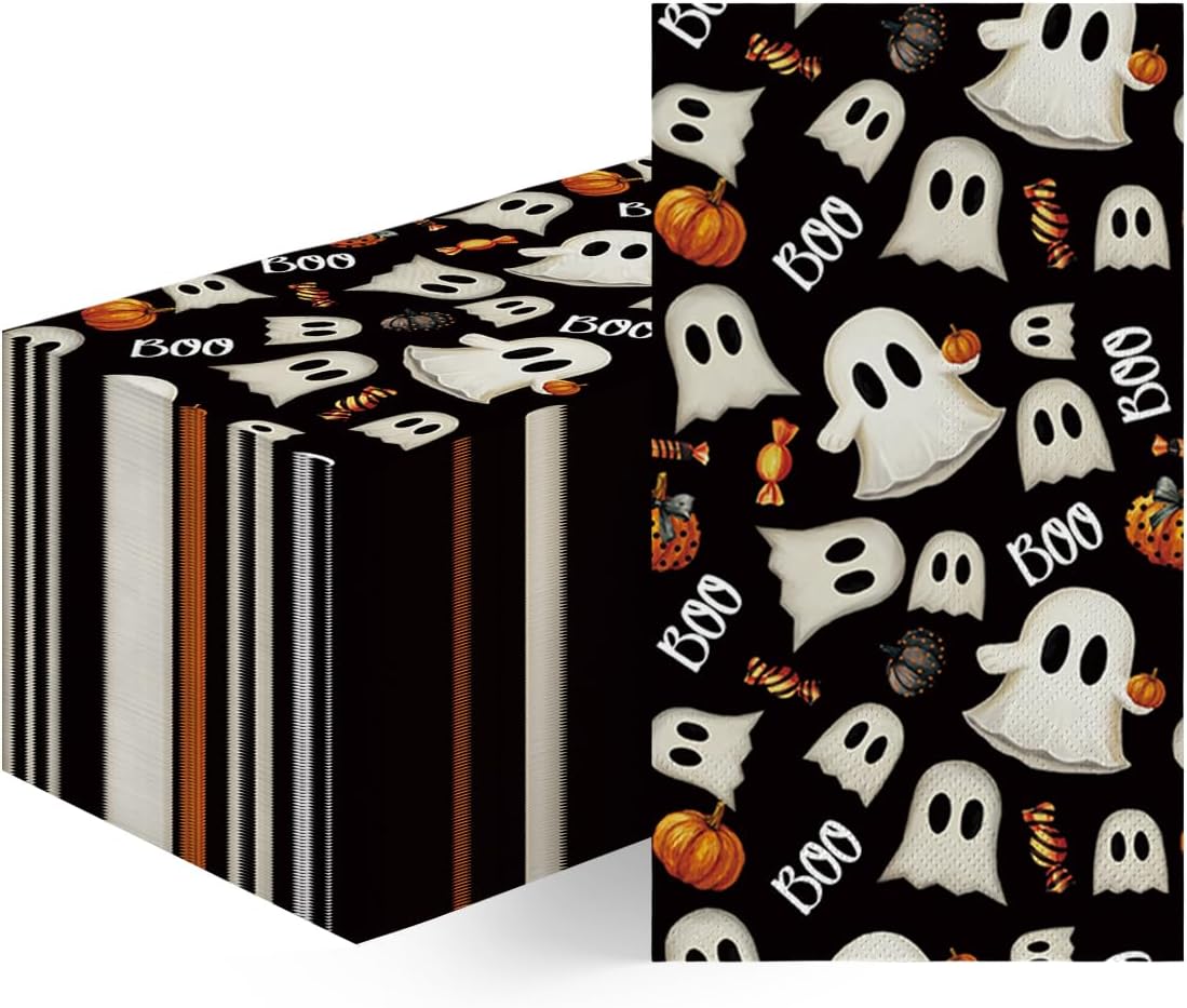 Horaldaily 100Pcs Halloween Paper Napkins, Horror Pumpkin Ghost Black
