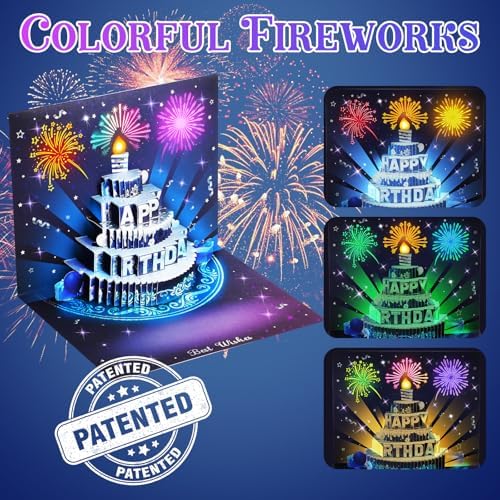 APOTODITO Musical Birthday Cards, 3D Pop Up Card with Music and Light, Firework Birthday Cards with Interactive Blowable Candle, Gift for Her Him Mom Grandma Wife Husband (Blue and Silver)