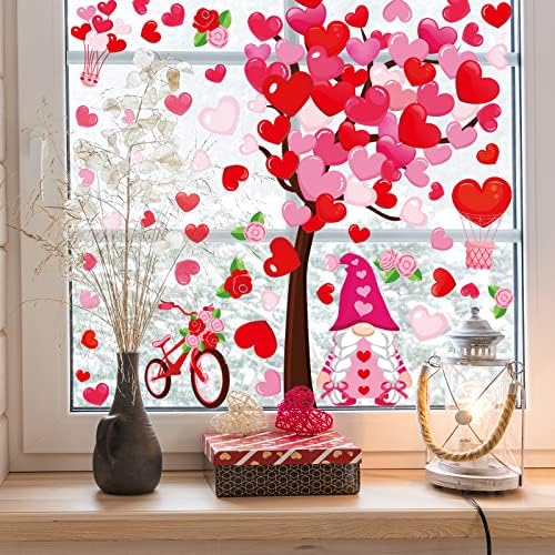 Whaline 6 Sheet Valentine's Day Window Clings Large Gnome Heart Window Decals Double-Sided Red Pink Windows Decor for Valentine's Day Wedding Anniversary Home Office School Decor Party Supplies