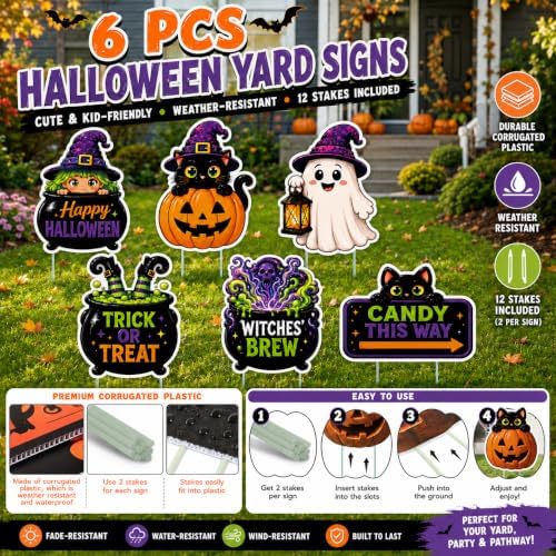 6-Pack Halloween Witch&Ghost Lawn Yard Signs with Stakes, Outdoor Decors