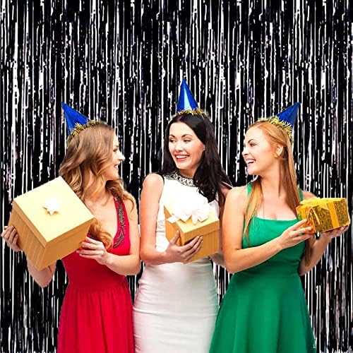 4 Pack Black Foil Fringe Curtain Backdrop, 3.28Ft x 8.2Ft Metallic Tinsel Streamer Curtains for Party, Photo Booth Props, Birthday, 2022 Graduation Decoration Party Supplies