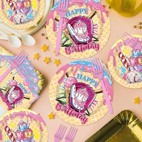 EUOYUFO 96Pcs Ice Cream Party Decorations Tableware Set Ice Cream Baseball Drip Happy Birthday Paper Plates Napkins Forks Baseball Sport Team Theme Bday Party Supplies Serve 24 Guests