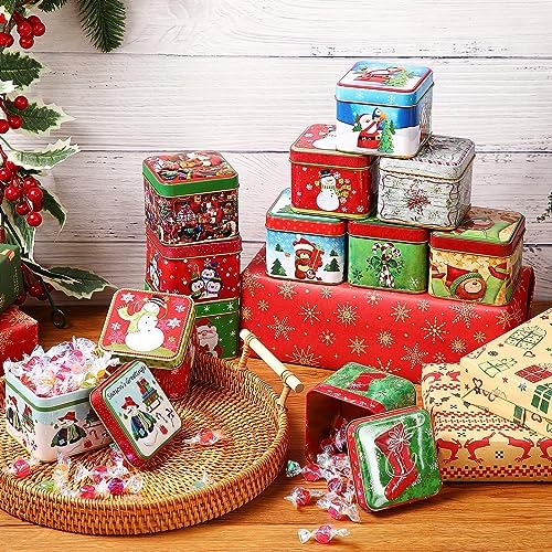 Lallisa 24 Pcs Christmas Cookie Tins with Lids 12 Styles Square Xmas Candy Tin Set Small Metal Candy Box Mini Tinplate Cookie Candy Boxes for Gift Giving Holiday Party Favors, 2.95 x 2.95 x 2.56 Inch