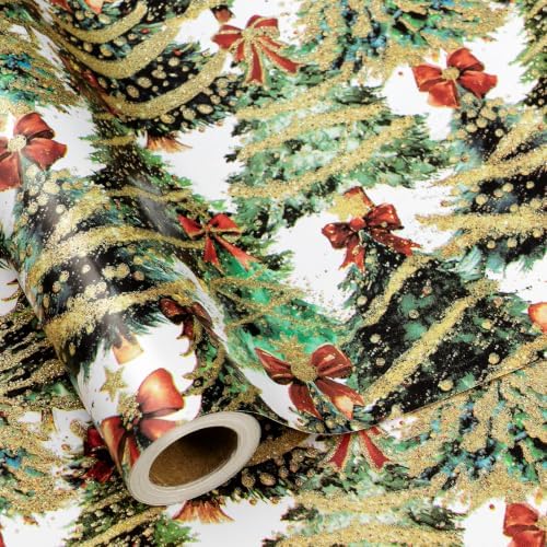 RUSPEPA Glitter Foil Christmas Wrapping Paper Roll, Mini Roll, Festive Holiday Tree Design with Red Bows & Lights Design Gift Wrap for Kids, Girls, Women, Friends, Xmas Presents, 17 Inches x 16.4 Feet