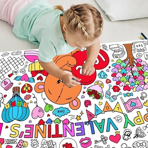 Giant Valentine's Day Coloring Tablecloth, Large Happy Valentine Coloring Poster for Home Birthday Party Supplies, 30x72 Inches