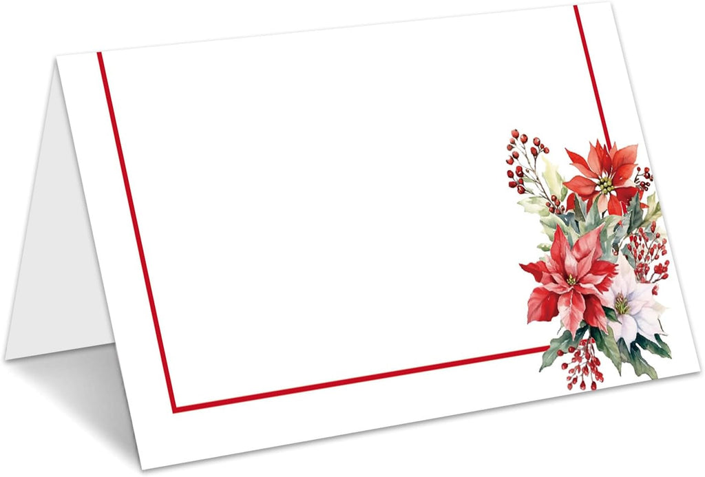 Christmas Place Cards for Table Setting, Poinsettia Tent Cards Decor For Bridal Baby Shower Party Reception Decorations, Winter Holiday Placecards, 25 Pack Birthday Food Name Card, 2 x 3.5" /015