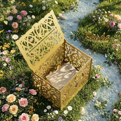 Jolik Wedding Card Box with Sign – Large Rustic Wedding Money Box Holder, DIY Envelop Gift Card Shadow Boxes for Wedding Reception, Anniversary, Graduation, and Birthday Parties (Gold)