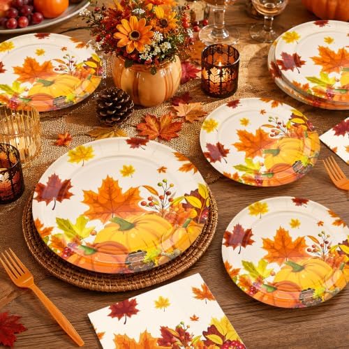 96 Pieces Thanksgiving Pumpkin Tableware Set – Disposable Fall Harvest Paper Plates and Napkins for Thanksgiving Dinner, Friendsgiving, Autumn Harvest Party and Fall Gatherings – Serves 24