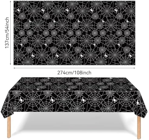 3-Piece 54 x 108 Inch Halloween Spider Web Plastic Tablecloth - Black and White Cobweb with Spiders Patterns, Disposable Rectangle Table Cover for Birthday Dining Table Cover Indoor Outdoor Decoration