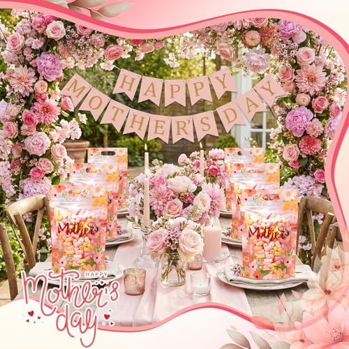 Engrowtic 50 Pcs Mother's Day Plastic Gift Bags with Handles Resealable Pink Flower Mom Candy Treat Goodie Cookie Bags for Happy Mothers Day Party Favor Wrapping Supplies