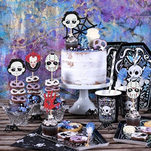 24 PCS Halloween Horror Movie Cupcake Toppers Red Bloody Hand Halloween Cupcake Picks Have a Killer Birthday Cake Decorations for Hallween Horror Classic Movie Characters Theme Party Supplies