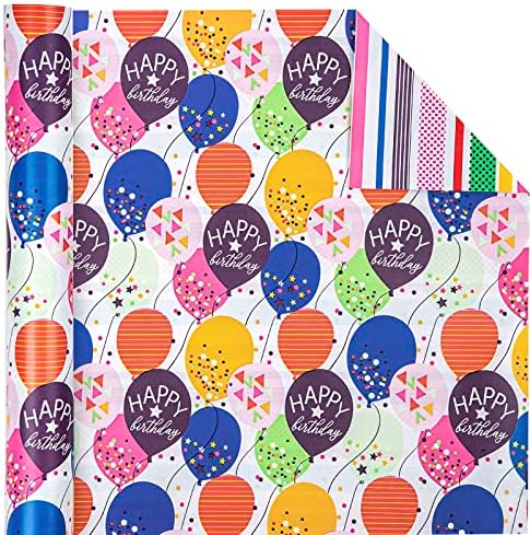 WRAPAHOLIC 30 Inch Reversible Birthday Wrapping Paper - 30 Inch x 33 Feet - Colorful Balloon with Confetti Design for Birthday, Baby Shower