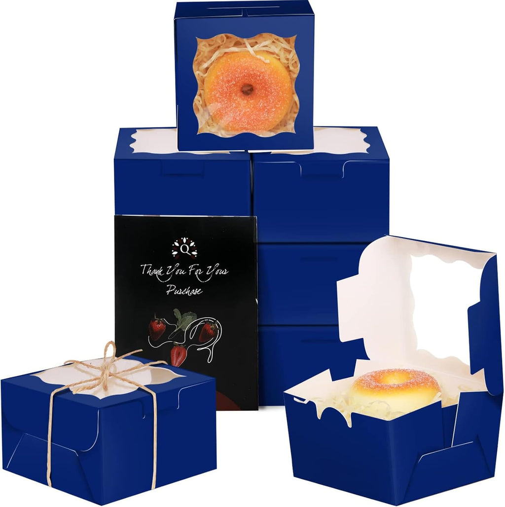 qiqee Dark Blue Bakery Boxes with Window 55pcs 4x4x2.5 Mini Cookie Boxes Macaron Boxes Small Donut Pastry Boxes for Party
