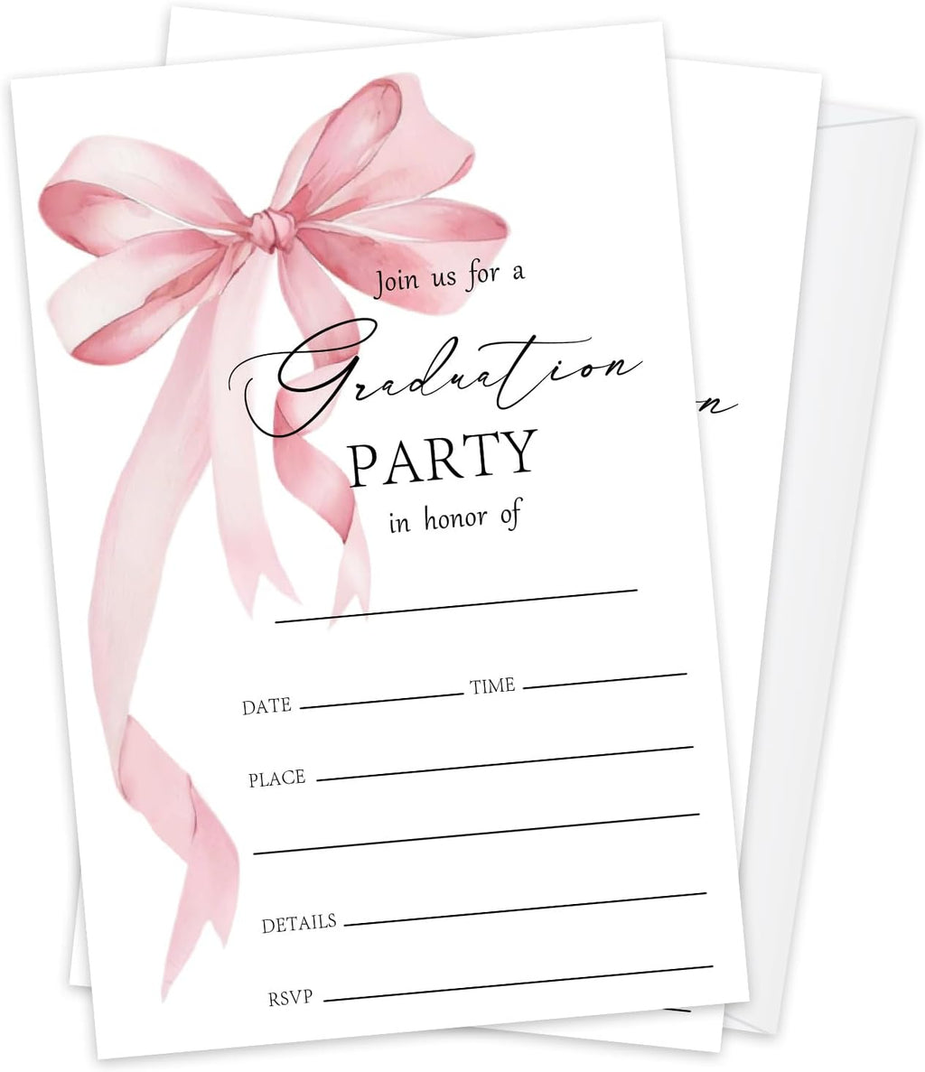Pink bow Graduation Invitations 2026 with Envelopes - 20 Pack Class of 2026 Graduation Party Invitations, 4x6 Inch Fill-in Graduation Announcements for High School or College - A12