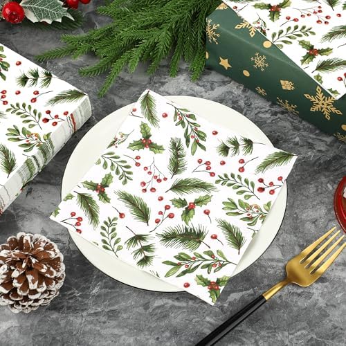 50 PCS Christmas Luncheon Napkins Xmas Berries and Pine Disposable Napkins 3-Ply Holly Berry Greenery Paper Napkins for Christmas Home Kitchen Holiday party Supplies