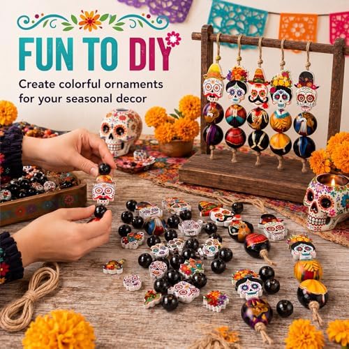 Cinnvoice 240 Pcs Holiday Wood Beads with Twine,Day of the Dead