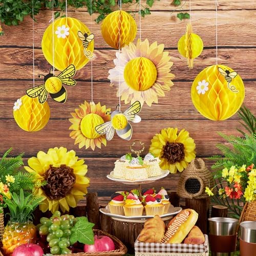 Paper Jazz Sunflower Party Honeycomb Decoration Bee Decorations with Yellow Paper Flower，Tissue Paper Sun Flower Hanging Birthday Decor for Classroom Wall Baby Shower Garden Party Bulletin Board