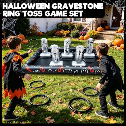 Giant Tombstone Ring Toss Games Halloween Party Game Favors for Kids Inflatable Gravestone Ring Toss Game Halloween Party Decor Outdoor Carnival Game Classroom Indoor Outdoor School Yard