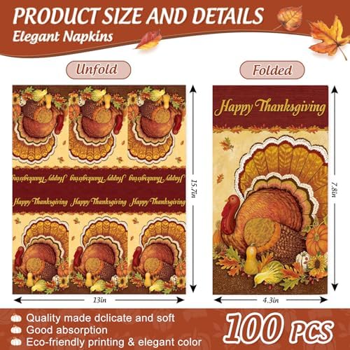 JarThenaAMCS 100 Pcs Happy Thanksgiving Paper Guest Napkins Fall Harvest Turkey Pumpkin Leaves Napkins Disposable Dinner Hand Towels for Home Bathroom Autumn Party Decor Supplies