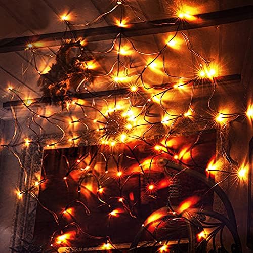 FUNPENY Halloween 80 LED Orange Spider Web Lights with Spider, Battery Powered 8 Modes Light up Cobweb Halloween Decorations for Indoor Ourdoor Garden Yard Home Patio (Orange)