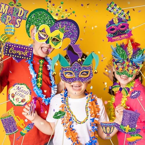 30Pcs Mardi Gras Photo Booth Props - Mardi Gras Party Favors & Decorations for Masquerade Fat Tuesday Carnival Wedding Photo Props for New Orleans Themed Parties, Bachelorette Parties