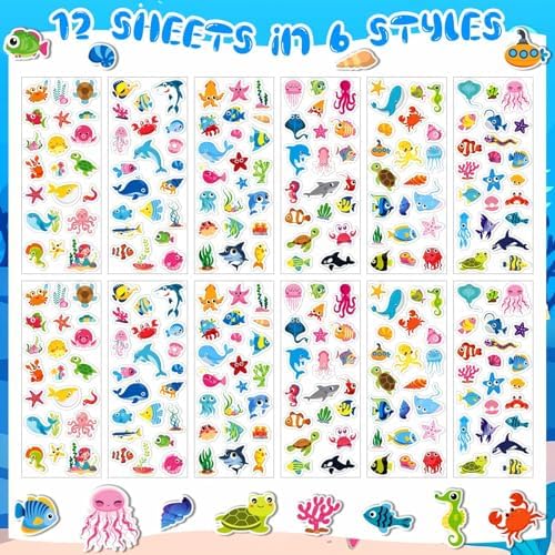 UPINS 12 Sheets Ocean Animal Puffy Stickers for Kids Cute 3D Theme Pack