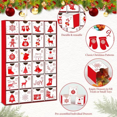 Christmas Advent Calendar Boxes 2025 Red Empty Advent Calendar to Fill Yourself, 24 Days of Christmas Countdown Boxes with 24 Drawers for Kids Adults Personalize with Treats Winter Holiday Xmas Gift