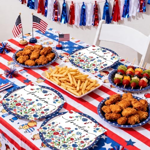 50Pcs 4th of July Flower Plates and Napkins Party Supplies, Disposable Patriotic Paper Plates Napkins Tableware Set for Memorial Independence Day Usa Party Decorations (Patriotic)