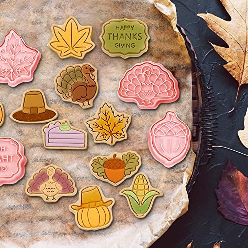 16 Pieces Fall Thanksgiving Cookie Cutters with Plunger Stamps Set Fall Biscuit Mold Maple Leaf Turkey Pumpkin 3D Cookie Stamper Plastic DIY Cookie Tools for Thanksgiving Day Baking Fondant Supplies