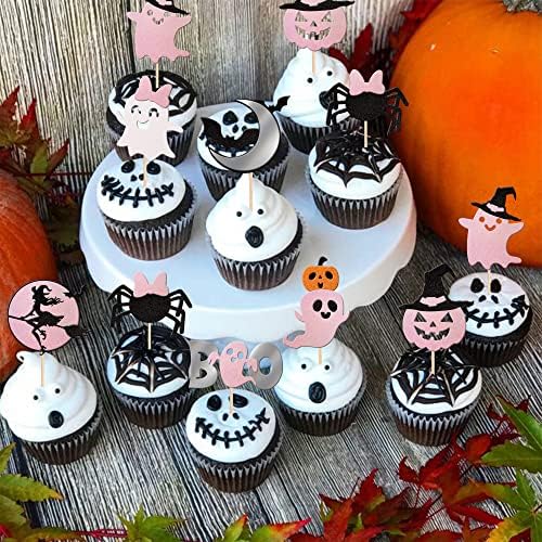 24 PCS Spooky Halloween Cupcake Toppers Pink Glitter Bat Pumpkin Spider Witch Ghost Boo Spooky Cupcake Picks for Halloween Theme Baby Shower Kids Birthday Party Cake Decorations Supplies