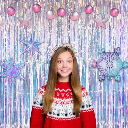 Iridescent Party Streamers Backdrop - GREATRIL Neon Transparent Holographic Tinsel Foil Fringe Curtain for Mermaid/Frozen/Sea/Euphoria/ERAS Party Theme Decorations 3.2ft x 6.5ft 2 PCS