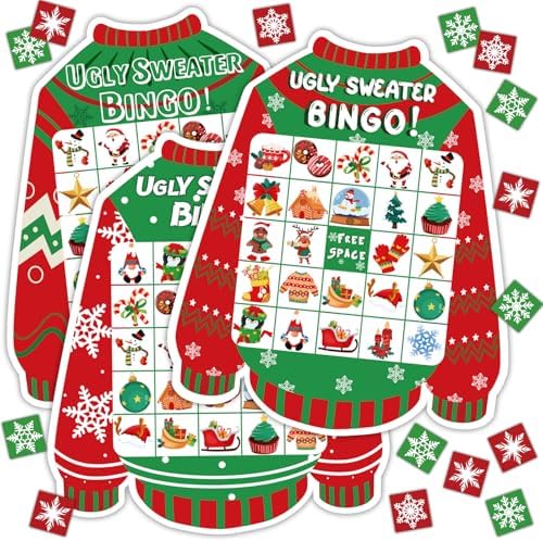 Qpout Ugly Sweater Xmas Bingo Cards - 24 Player Family Game for Holiday Party Indoor Games