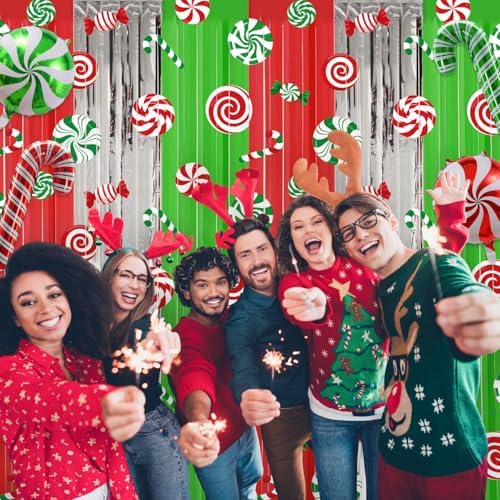 Blosssound 2 Packs Christmas Candy Foil Fringe Curtains 3.3x6.6ft Xmas