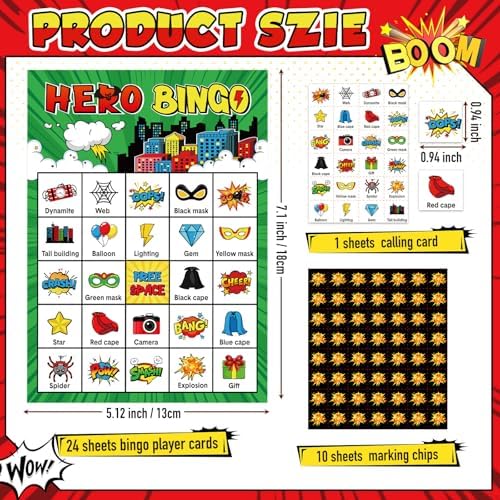 Shappy 35 Pcs Hero Party Bingo Games 24 Player Cartoon Comic Birthday Game