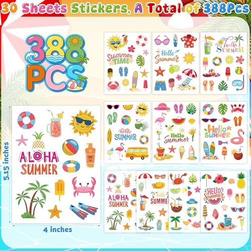 388Pcs Beach Ocean Summer Stickers Bulk for Beach Tropical Party Favors