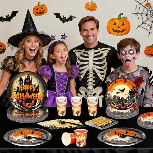 75 Pieces Halloween Paper Plates and Napkins Set - Halloween Party Supplies Tableware Plates, Napkins Baby Shower Scary Moon Night Birthday Decorations Serve 25 (Orange)