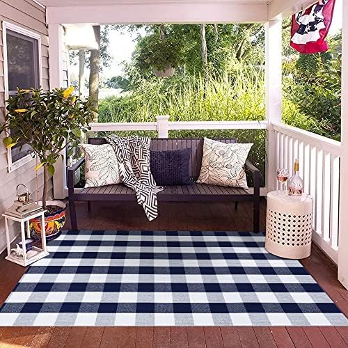 SEEKSEE Buffalo Plaid Rug 4' x 6' Navy Blue and White Large Front Door Mat, Layering Area Rug, Washable Rug for Outdoor Patio Entryway Indoor Living Room Kitchen Dining Room Decor