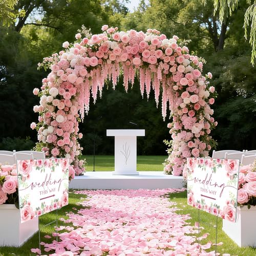 3 Pack 14.5” x 10.5” Wedding This Way Signs Double Sided Printed Wedding Direction Sign with Stakes for Ceremony Reception Lawn Yard Direction Arrow Signs Exquisite Plastic Rainproof Party Supplies,Rose Floral