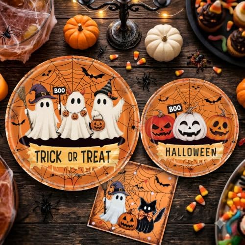 96 Pieces Halloween Ghost Tableware Set – Trick or Treat Disposable Paper Plates and Napkins for Halloween Party Decorations, Ghost Theme Party Supplies, Spooky Celebrations and Trick or Treat Events