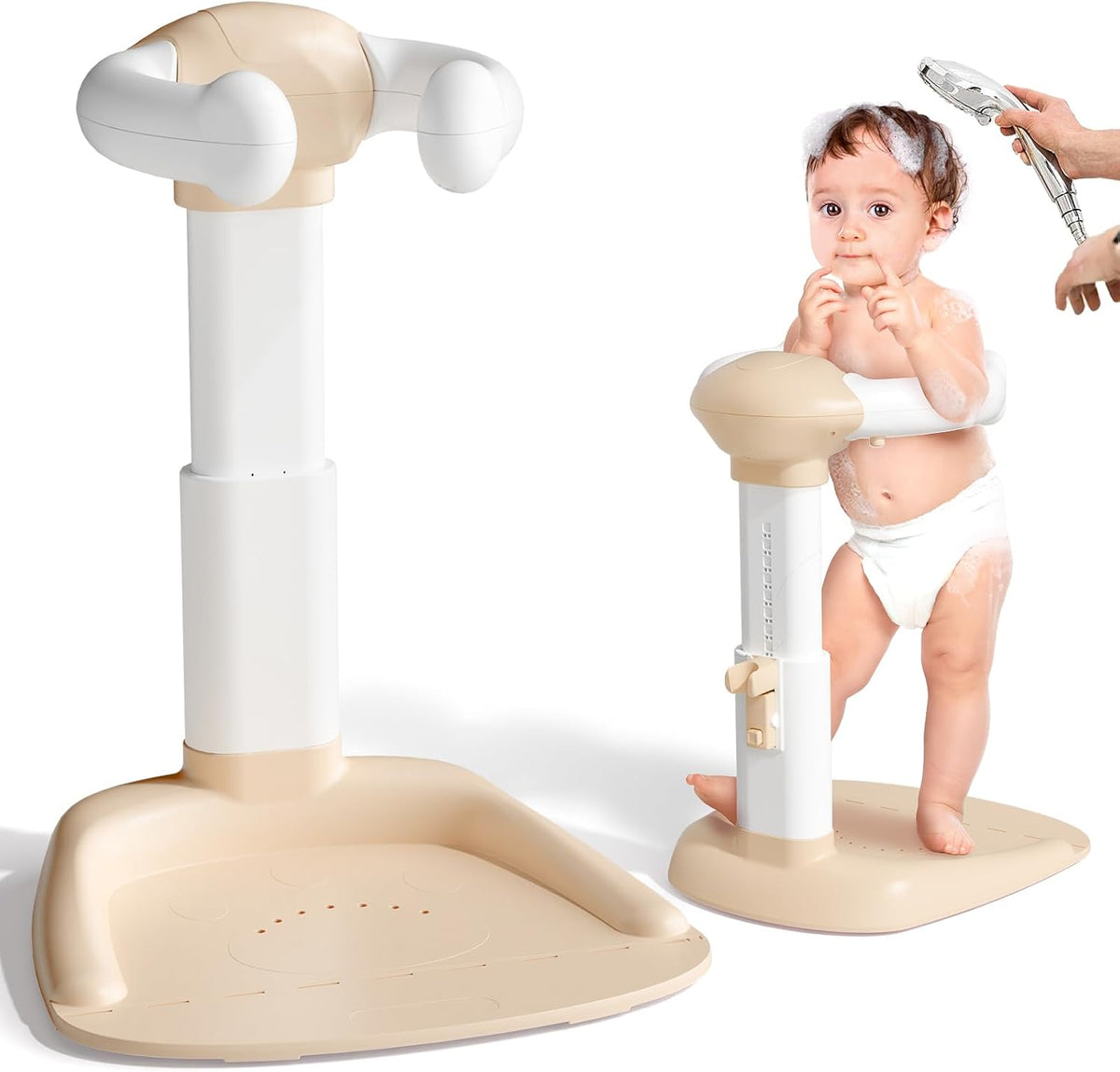COOSEYA® Baby Shower Stand, Toddler Bath Stand Support with Thicker Colum, Anti-Pinch, Anti-Slip Base, Adjustable Shower Holder for Toddler Standing (Khaki)