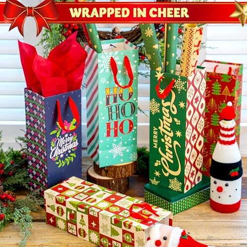 JOYIN 12 PCS Christmas Wine Bottle Bags with 6 Designs, Holiday Wine Gift Bags with Handles for Festivals Present Wrap,Winter Holiday Anniversary Thanksgiving Home Table Decoration (14” x 5” x 4.75”)