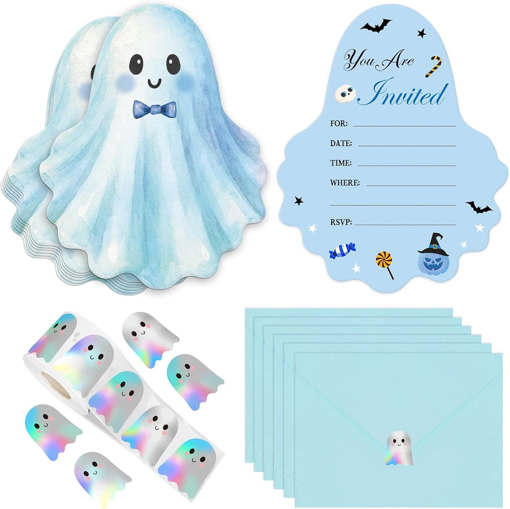 25 Pack Boo Blue Ghost Halloween Invitations Card with Envelopes