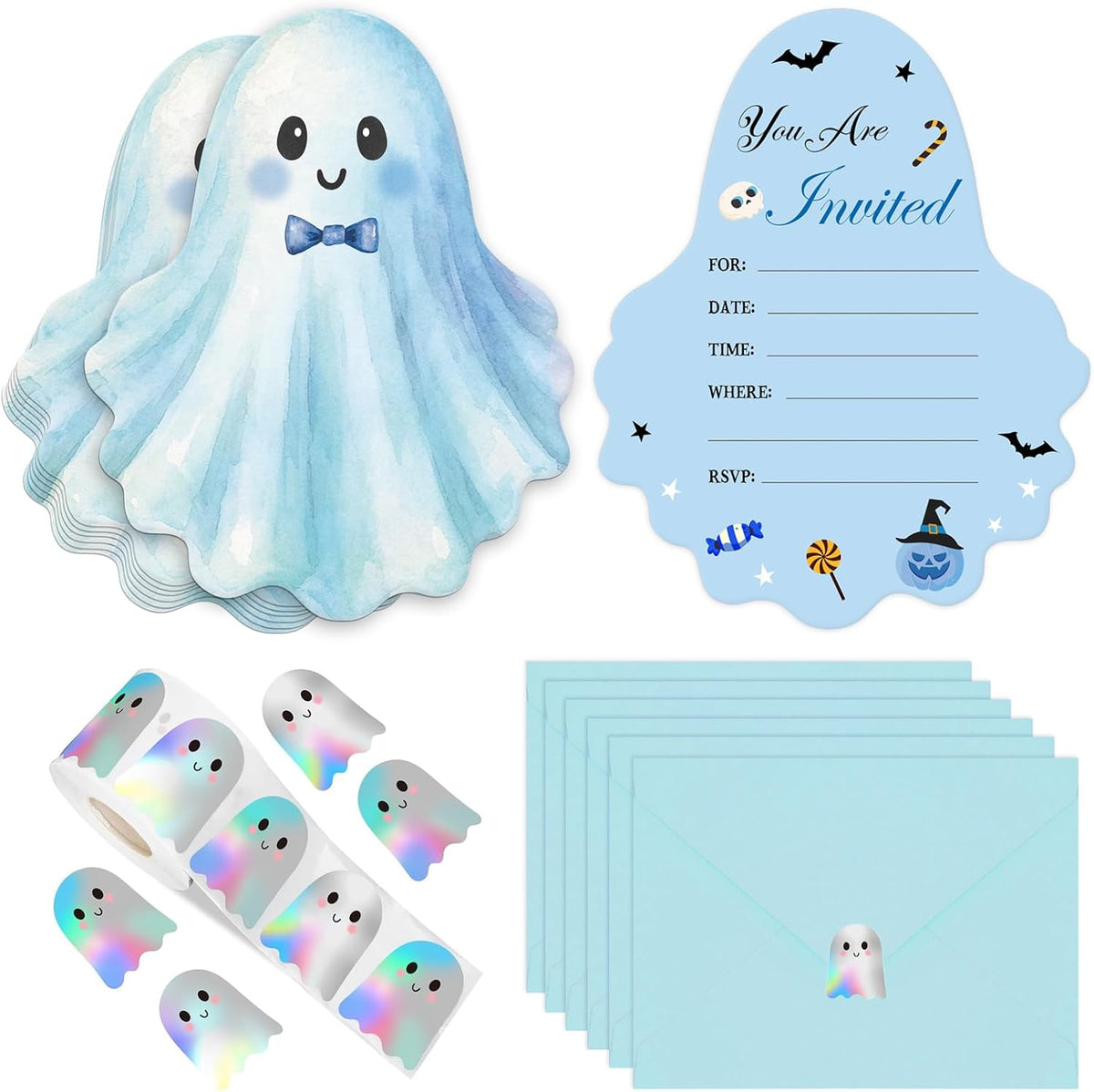 25 Pack Boo Blue Ghost Halloween Invitations Card with Envelopes
